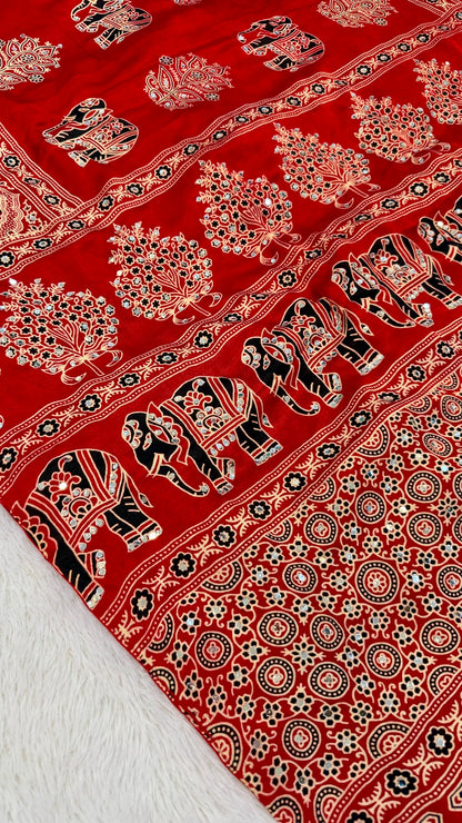 Handblock Ajrakh Mirror Saree (500+ Real Mirror) RED
