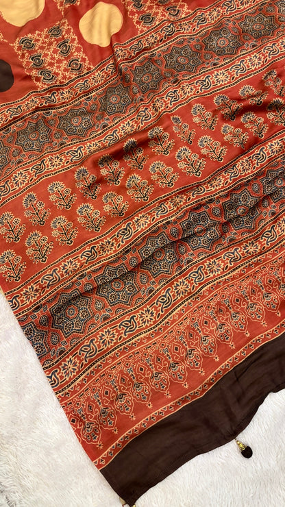 Ajrakh Kutchi Saree with Fancy Tussle (102)