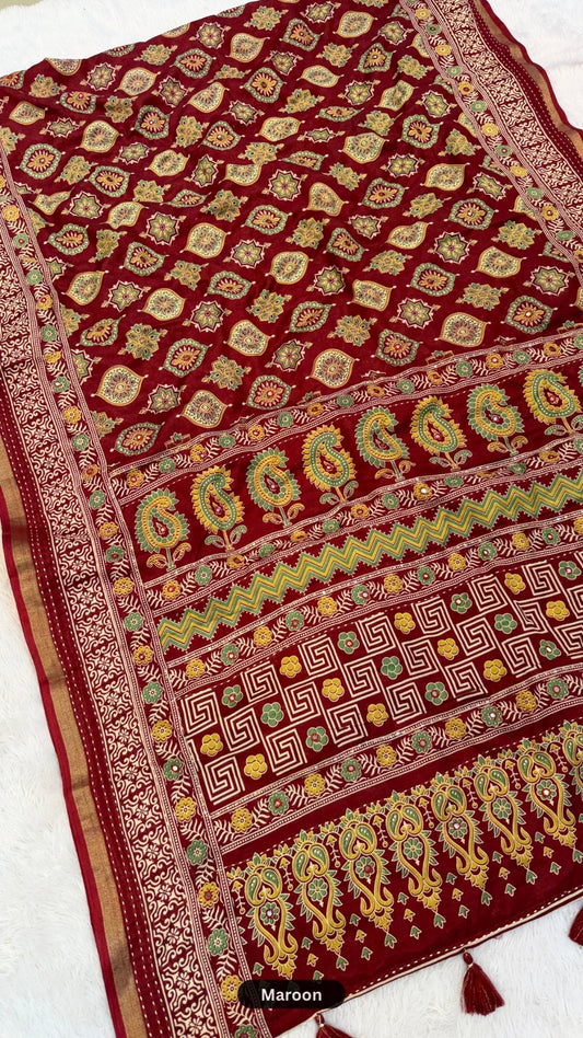 Trending Mul Cotten Mirror Work Saree SD (Ajrakh)