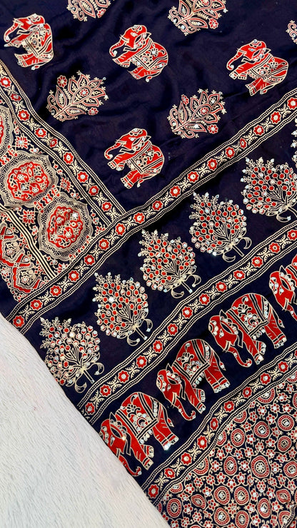 Handblock Ajrakh Mirror Saree (500+ Real Mirror) Blue