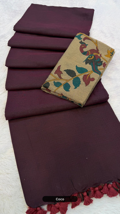 Handloom Plain - Kalamkari Blouse Saree