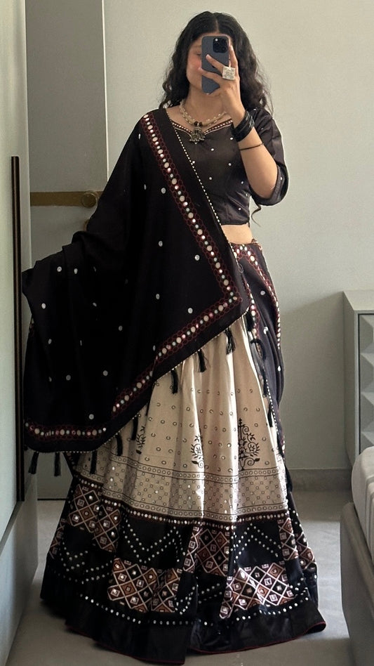 Real Mirror 7 Meter Flair, Midnight Bandhej Grace Lehanga Choli
