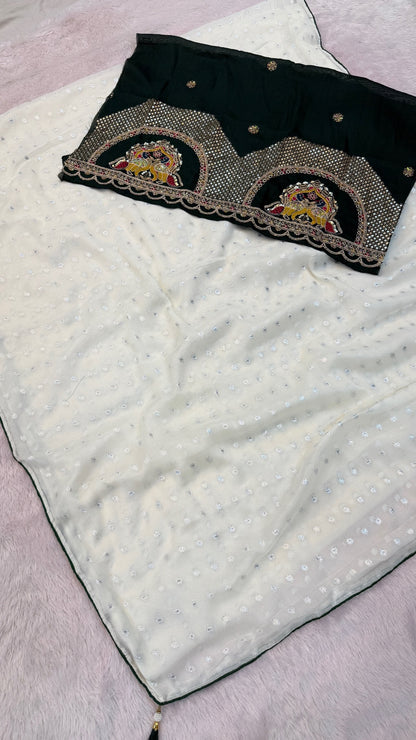 Chiffon Plain Saree + Kutchi motif Work Blouse