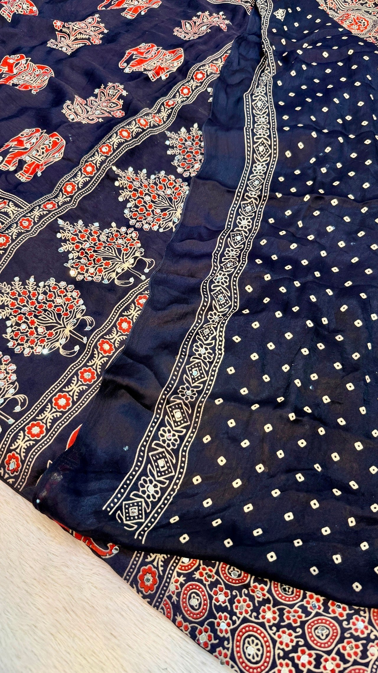 Handblock Ajrakh Mirror Saree (500+ Real Mirror) Blue