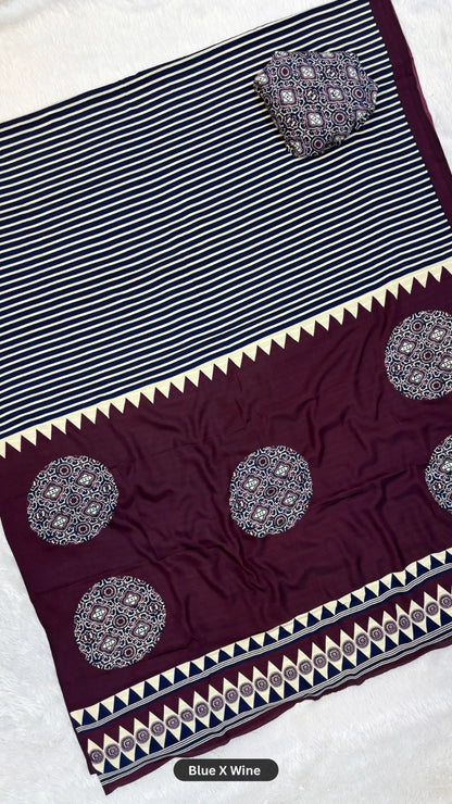 New Ajrakh Strips Crap Silk Saree