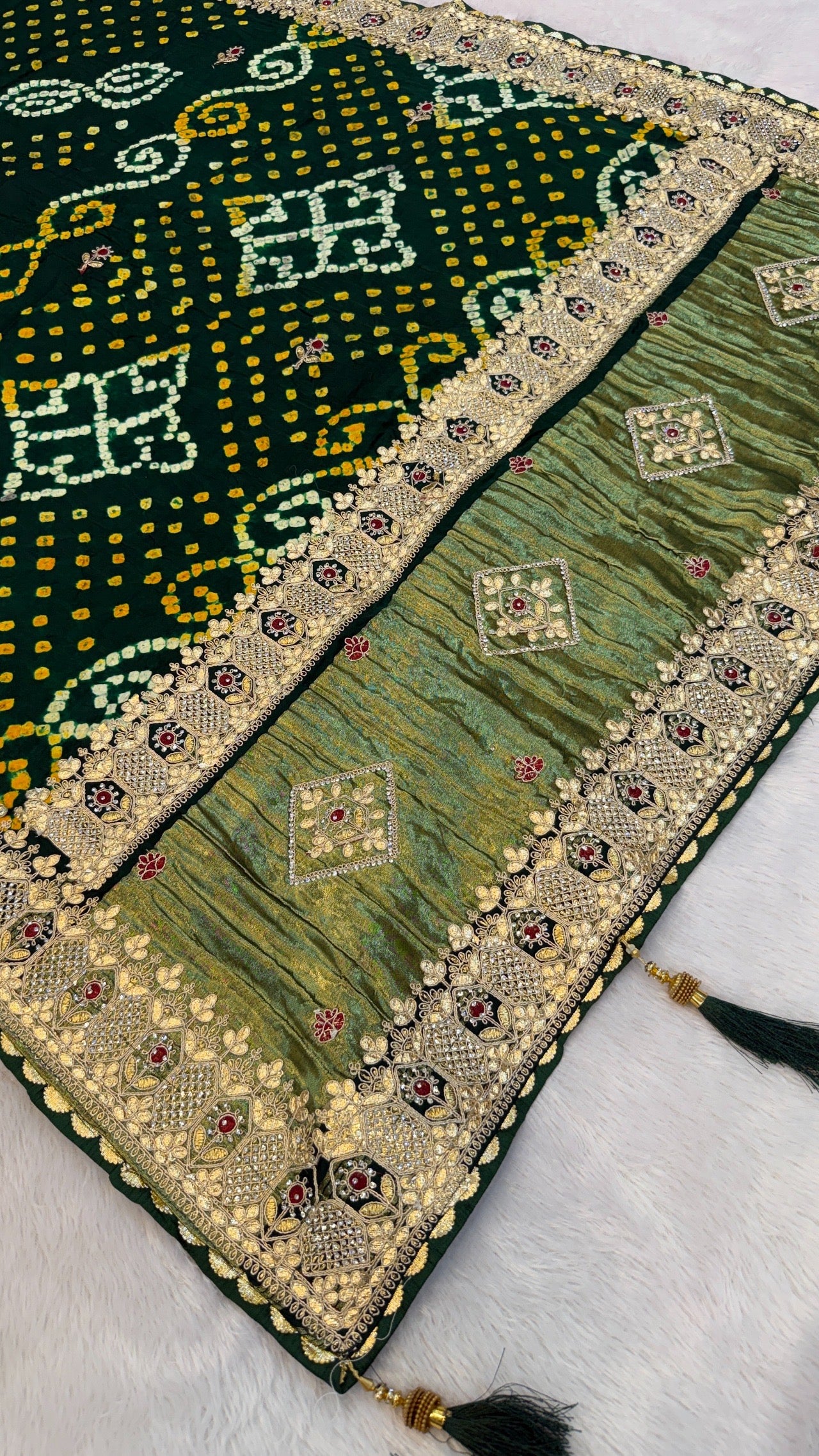 Pure Gaji Silk Handbandhej Gottapatti work Saree (Green)