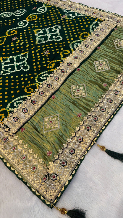 Pure Gaji Silk Handbandhej Gottapatti work Saree (Green)