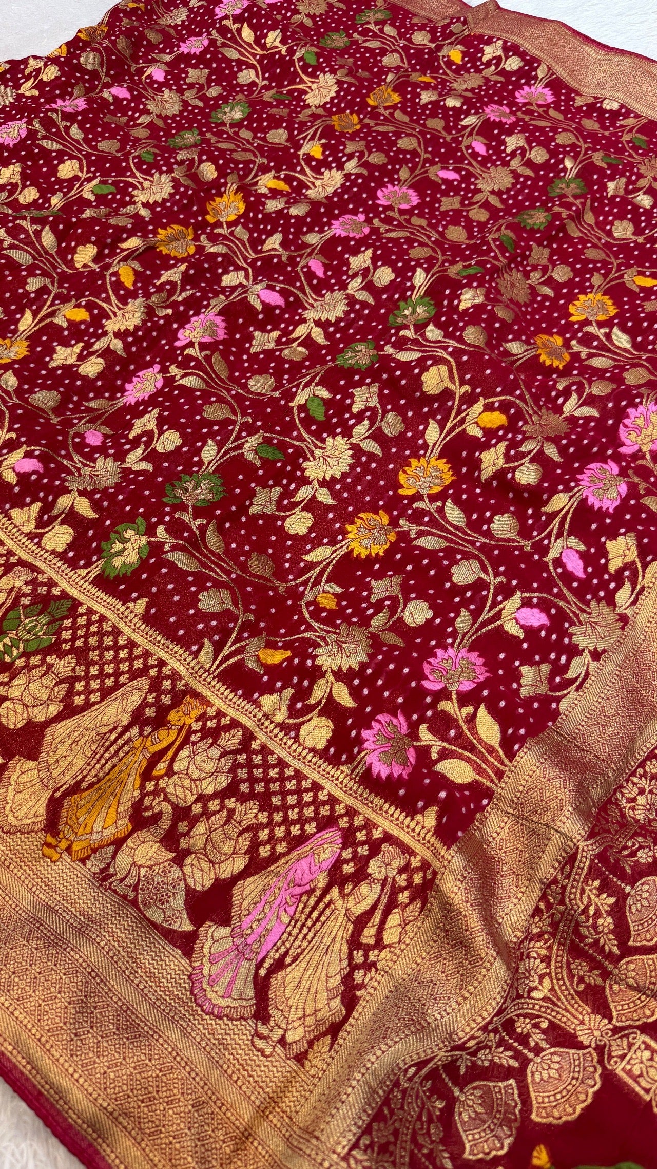 Minakari Bandhej Banarasi Saree (Georgette Junglo) Rani