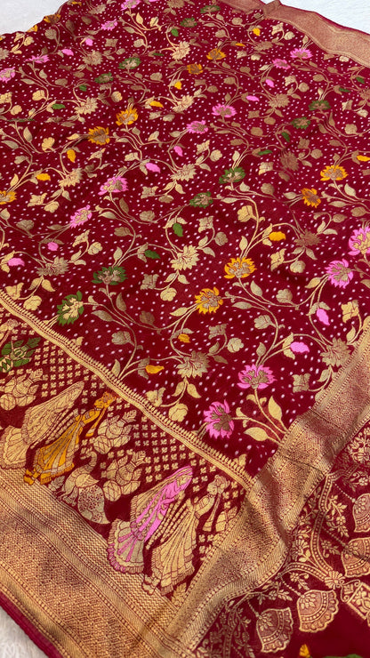 Minakari Bandhej Banarasi Saree (Georgette Junglo) Rani