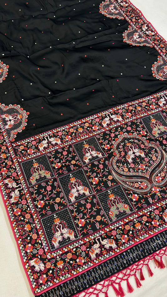 Kutchi Embroidery Black Saree