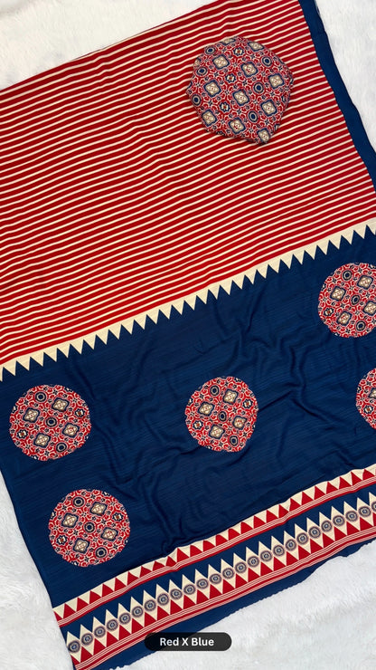 New Ajrakh Strips Crap Silk Saree