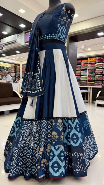 Dhabu Print Indigo Designe, 7 Meter Flare Lehanga Choli New