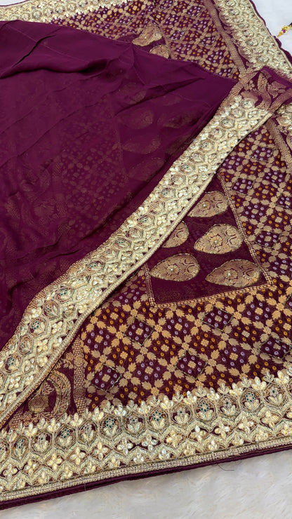 Georgette Banarasi Bandhej Saree with Handwork (Wine)