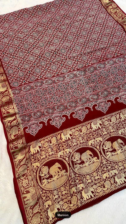 Ajrakh Handblock Saree with Zari Border - Pallu