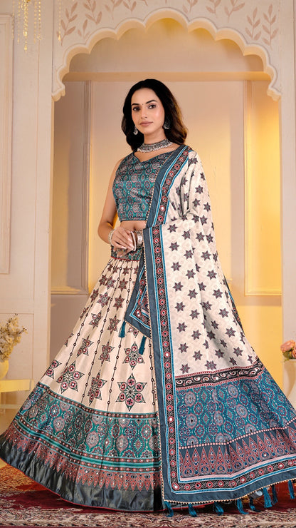 Real Mirror 7 Meter Flair, Boutique Ajrakh Lehanga Choli