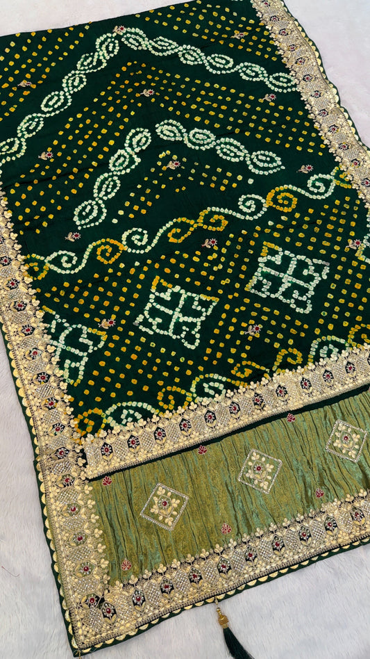 Pure Gaji Silk Handbandhej Gottapatti work Saree (Green)