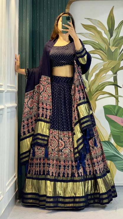 Handblock Ajrakh Lehanga Choli (Pure Model Silk)