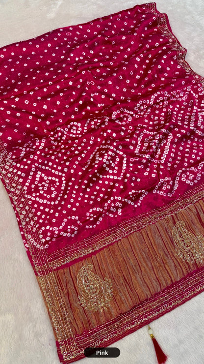 Handmade Bandhani Saree With Siroski Work