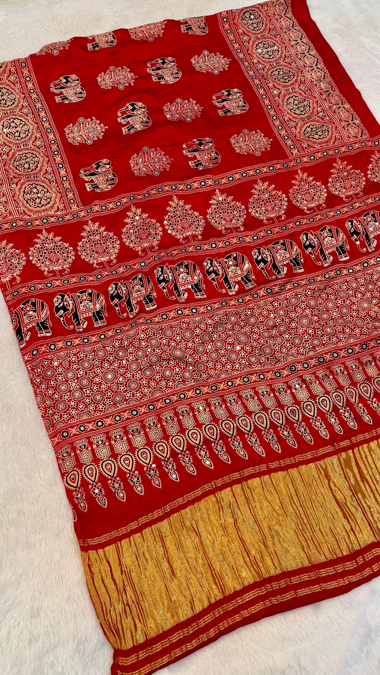 Handblock Ajrakh Mirror Saree (500+ Real Mirror) RED