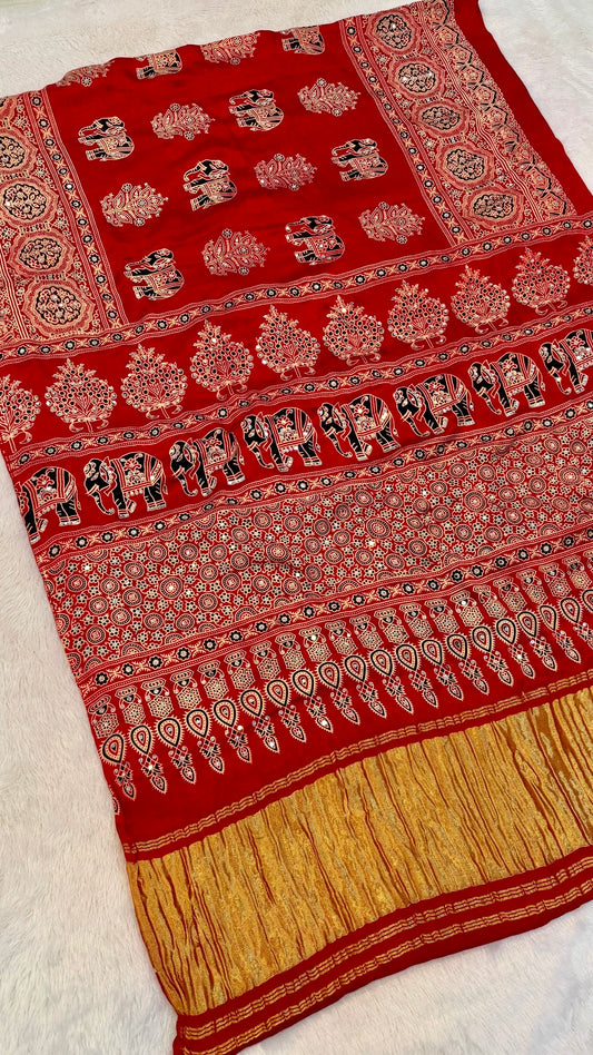 Handblock Ajrakh Mirror Saree (500+ Real Mirror) RED