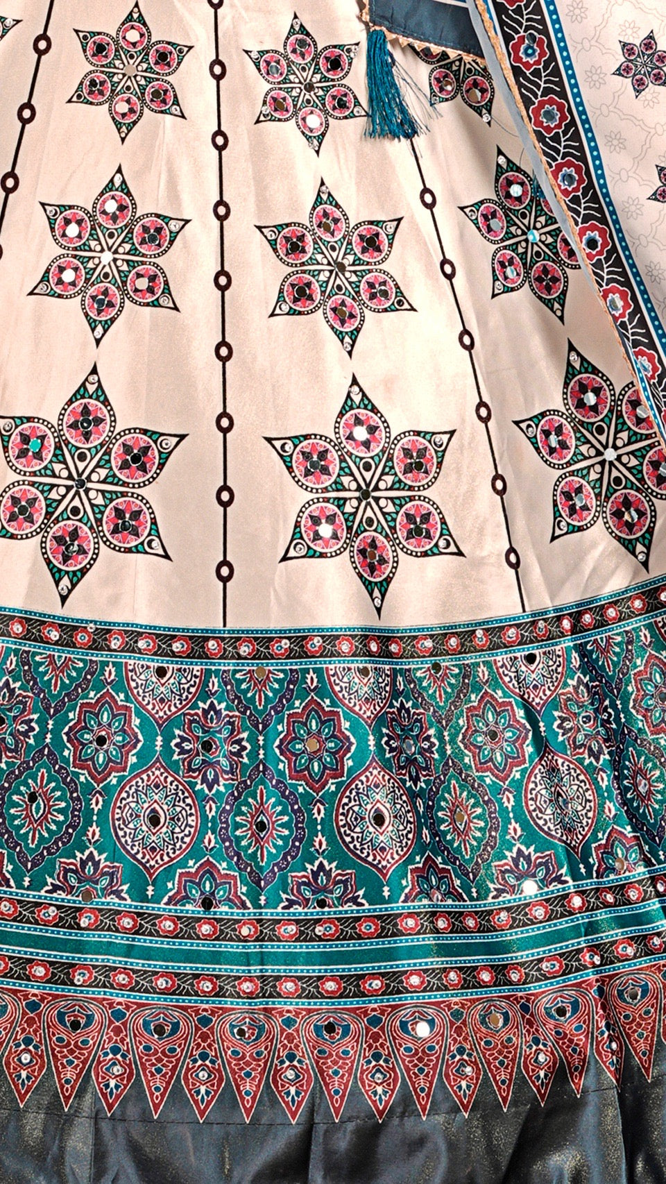 Real Mirror 7 Meter Flair, Boutique Ajrakh Lehanga Choli