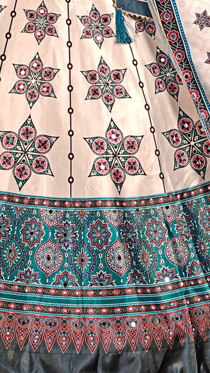 Real Mirror 7 Meter Flair, Boutique Ajrakh Lehanga Choli