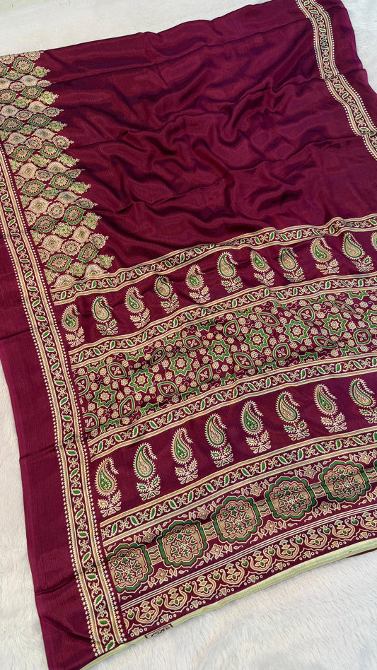 Ajrakh Plain Saree SALE - WINE