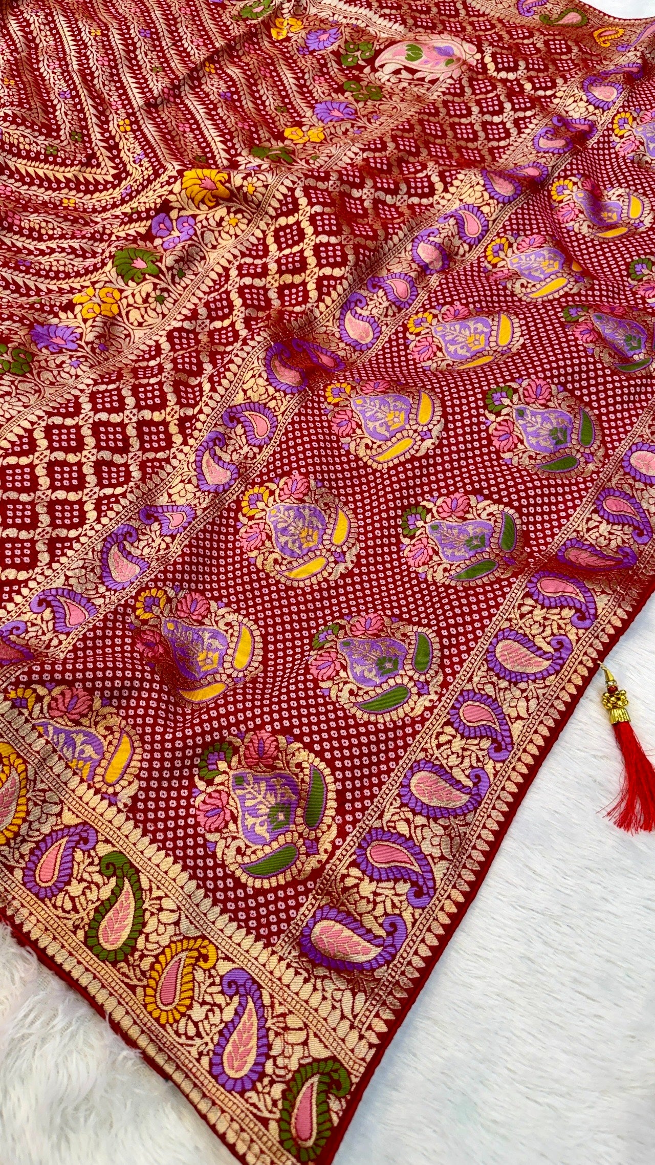 Minakari Bandhej Banarasi Saree (Khaddi Georgette) Red-Rani