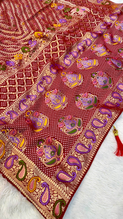 Minakari Bandhej Banarasi Saree (Khaddi Georgette) Red-Rani