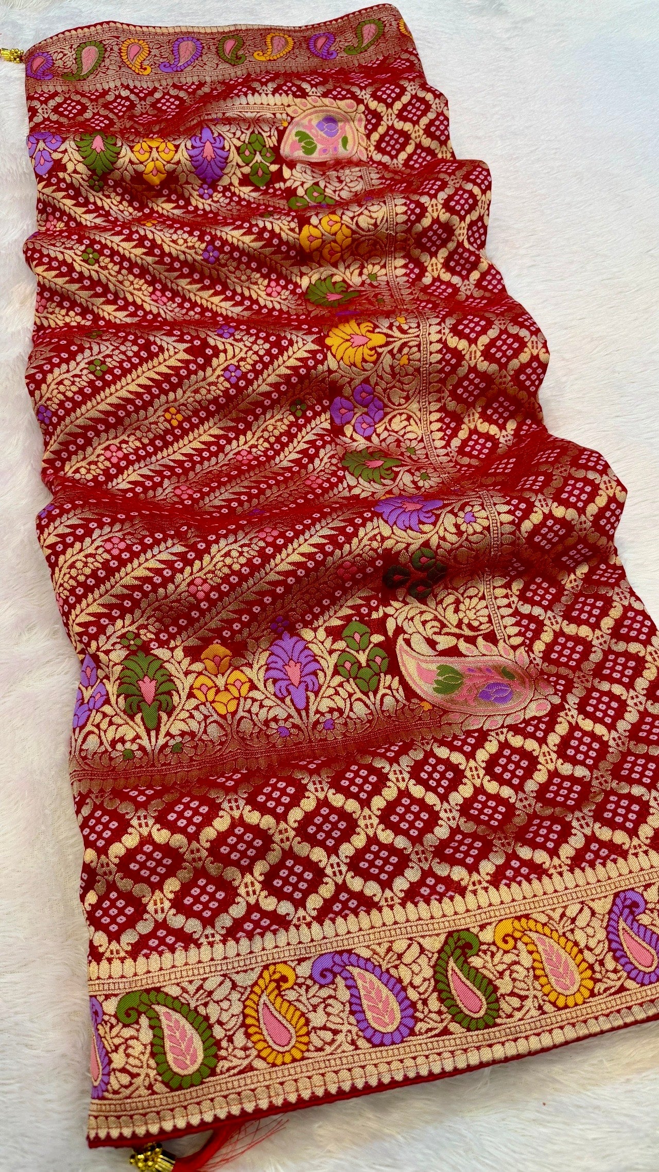 Minakari Bandhej Banarasi Saree (Khaddi Georgette) Red-Rani