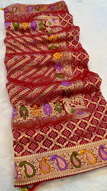 Minakari Bandhej Banarasi Saree (Khaddi Georgette) Red-Rani