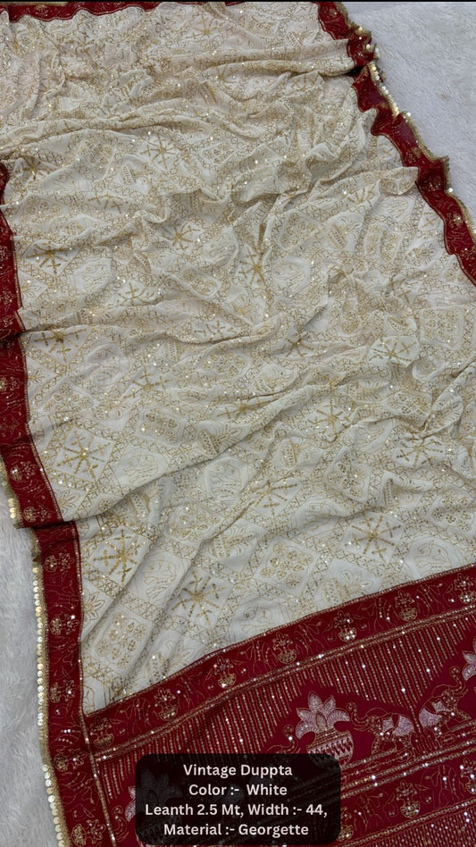 Vintage Duppta, One Side Pallu - White