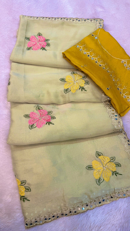 Floral Embroidery Work Saree (Heavy Contrast Blouse)