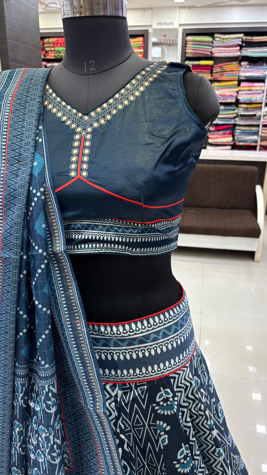 Dhabu Print Indigo Designe, 7 Meter Flare Lehanga Choli