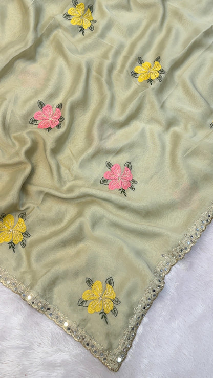 Floral Embroidery Work Saree (Heavy Contrast Blouse)