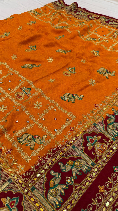 Kutchi Gharchola Saree (Gold x Maroon)