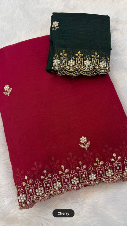Pearl Work Saree with Contrast Blouse
