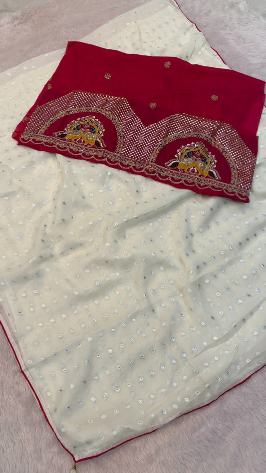 Chiffon Plain Saree + Kutchi motif Work Blouse