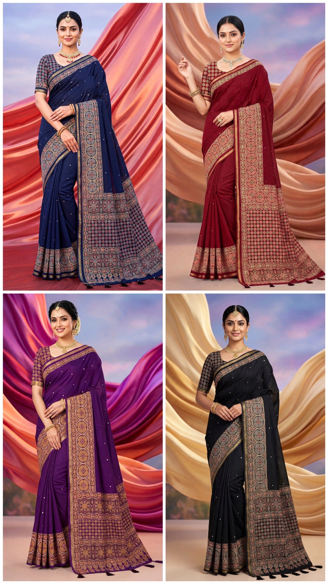 Plain Ajrakh Mul Cotten Mirror Work Saree SD