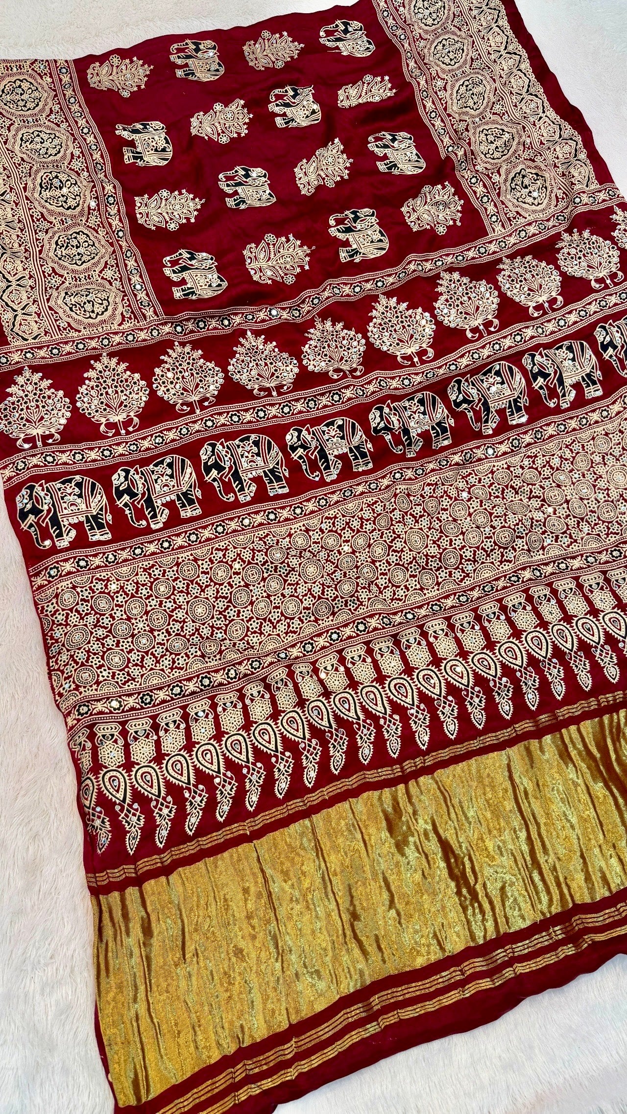 Handblock Ajrakh Mirror Saree (500+ Real Mirror) Maroon