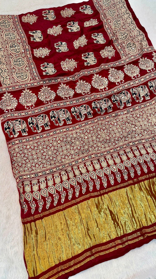 Handblock Ajrakh Mirror Saree (500+ Real Mirror) Maroon
