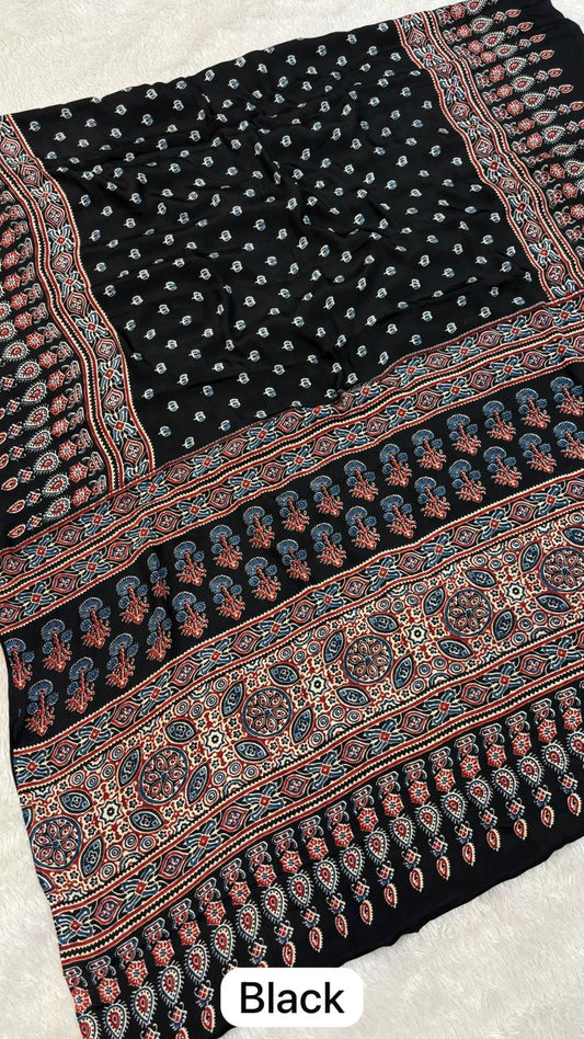 Ajrakh Butti Crap Silk Saree BLACK