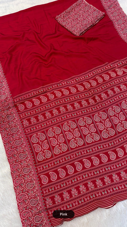 Plain Ajrakh Kalamkari Saree
