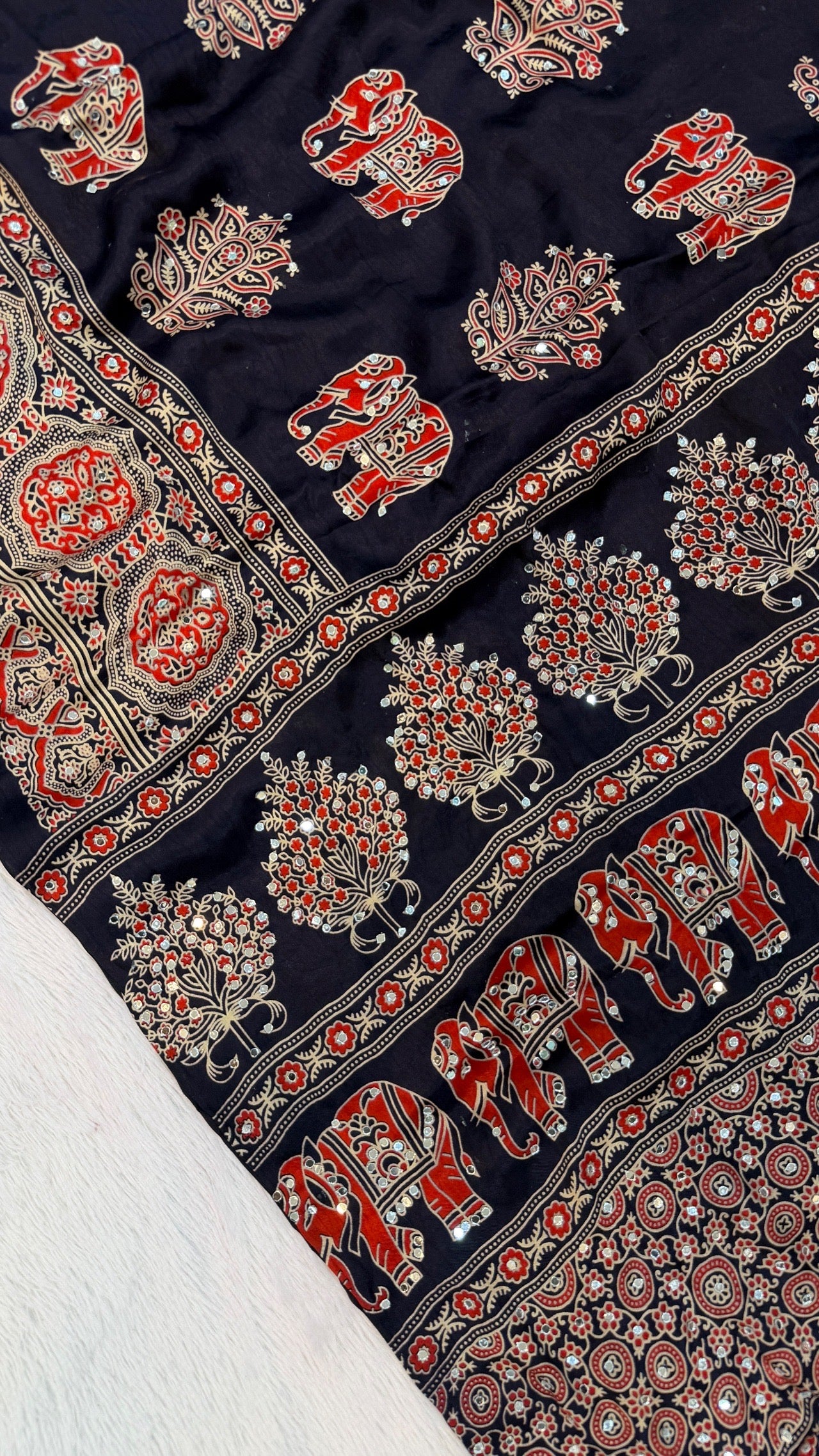 Handblock Ajrakh Mirror Saree (500+ Real Mirror) Blue