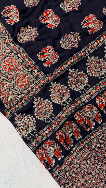 Handblock Ajrakh Mirror Saree (500+ Real Mirror) Blue
