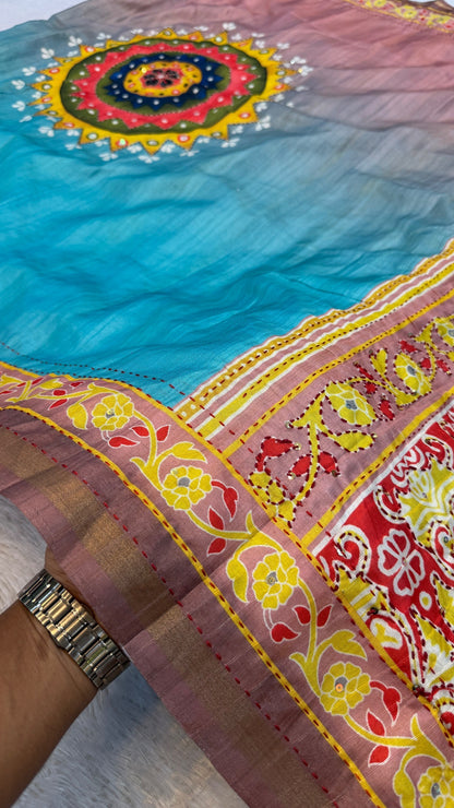 Exquisite Mandala Art Work Sarees (Sky)