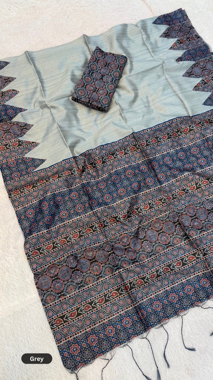 Plain Ajrakh Tusser Silk Saree (Ajrakh Blouse)