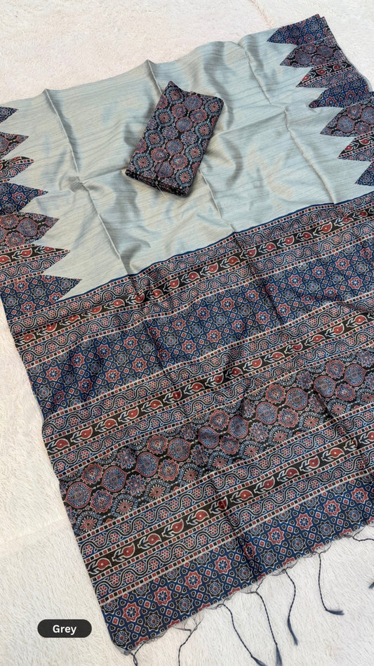 Plain Ajrakh Tusser Silk Saree (Ajrakh Blouse)