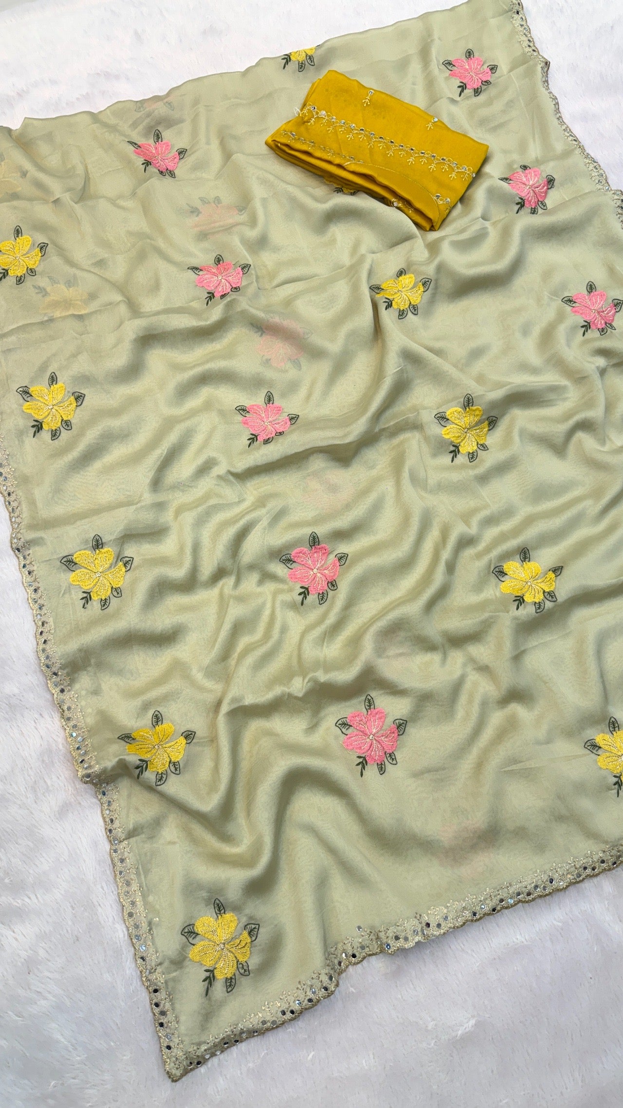 Floral Embroidery Work Saree (Heavy Contrast Blouse)