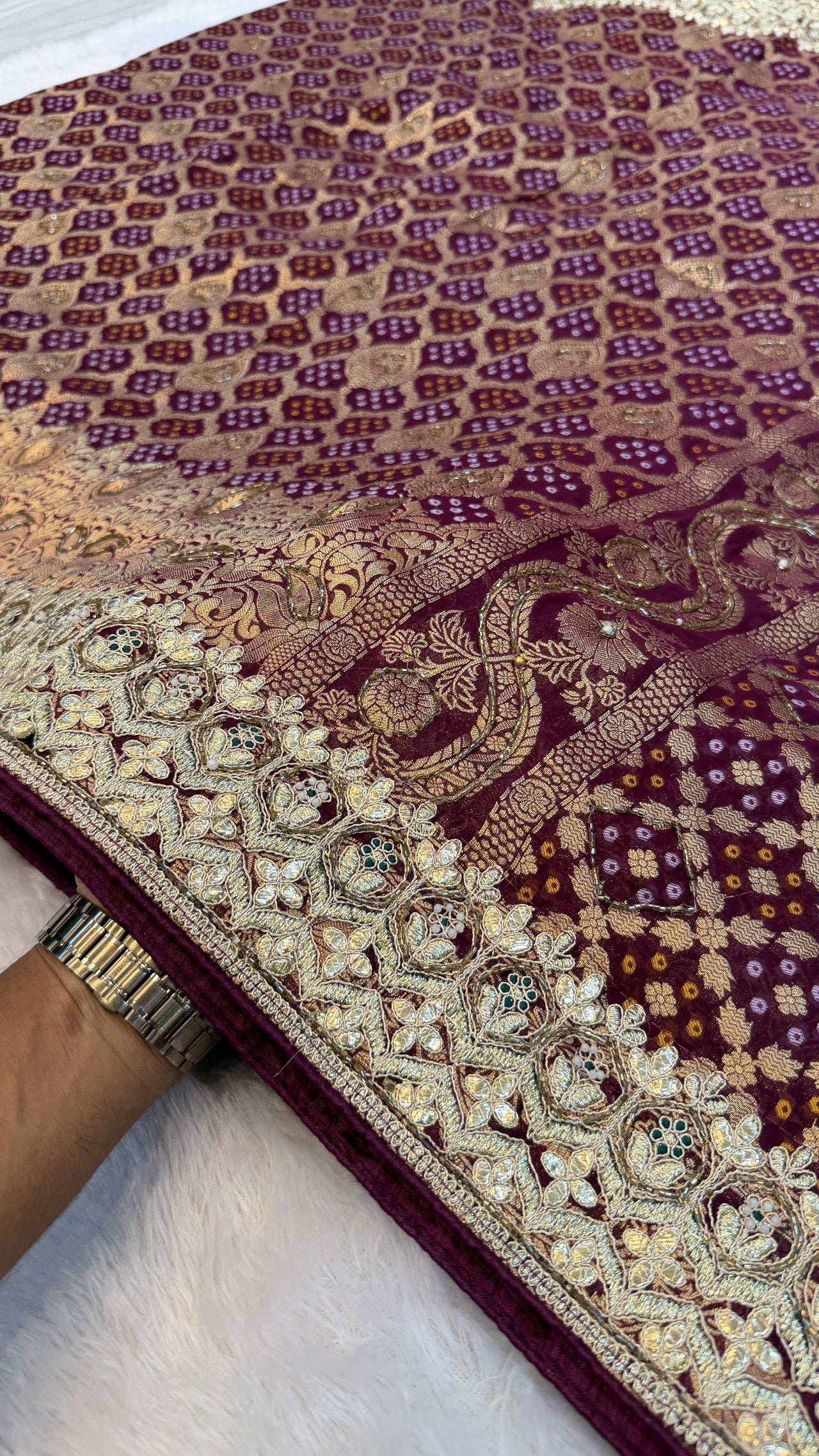 Georgette Banarasi Bandhej Saree with Handwork (Wine)